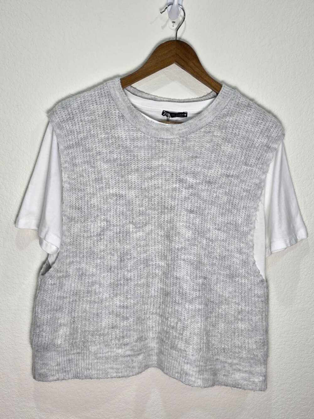 Zara Mixed Fabric Knit Vest & T-Shirt Combination Top Gray Size L NWOT
